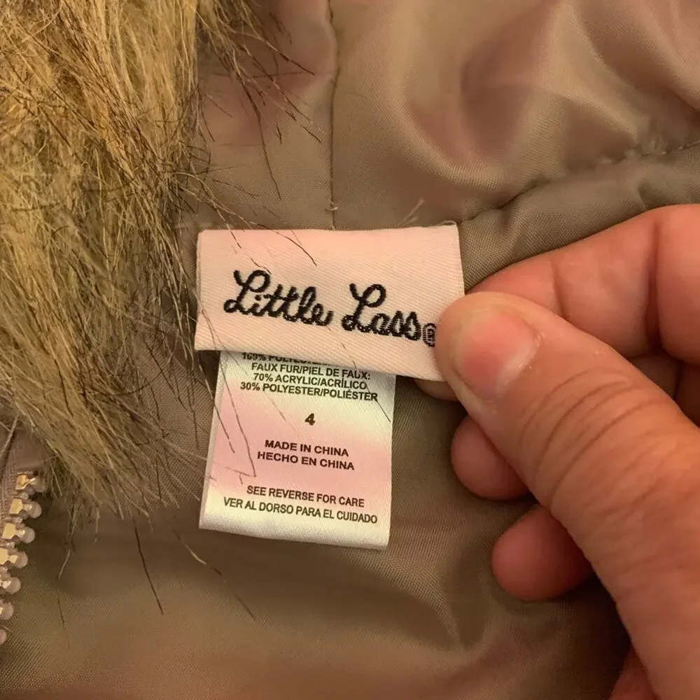 LITTLE LASS Girl’s Taupe Faux Fur Hooded Zip Up Vest / Size: 4